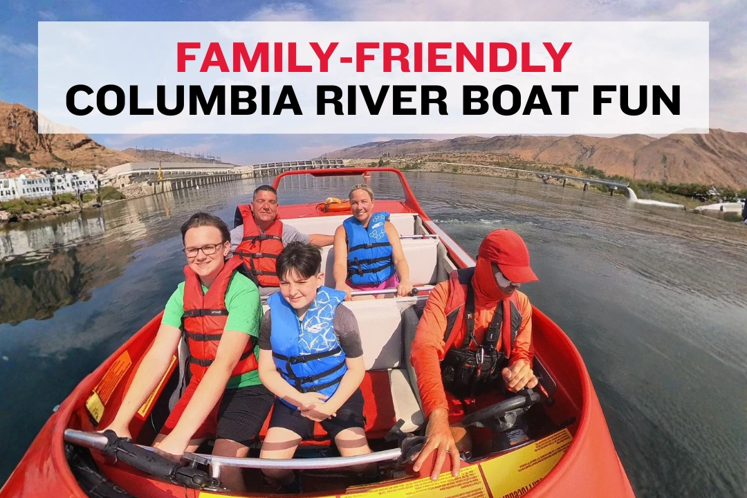 Family with children wearing life jackets on a Columbia River boat ride near Wenatchee
