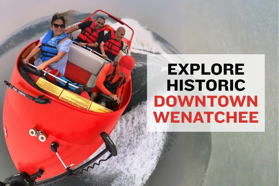 Historic downtown Wenatchee with murals and brick buildings on a cool day.