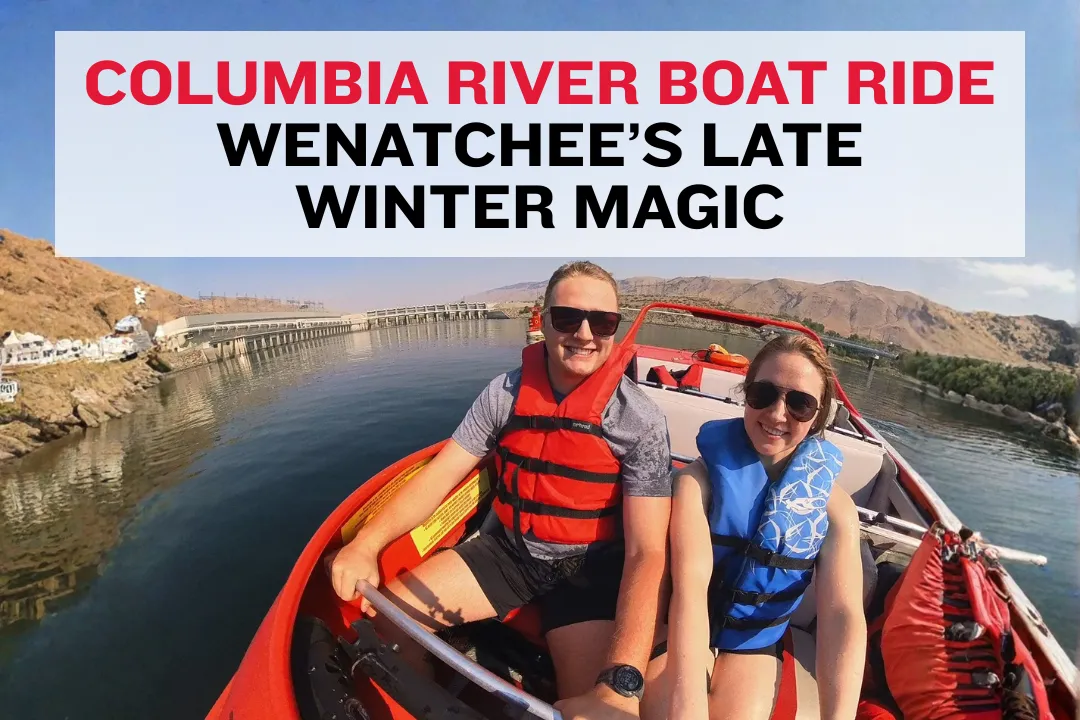 Jet boat on the Columbia River near Wenatchee in late winter with snow‑covered hills and clear blue sky.