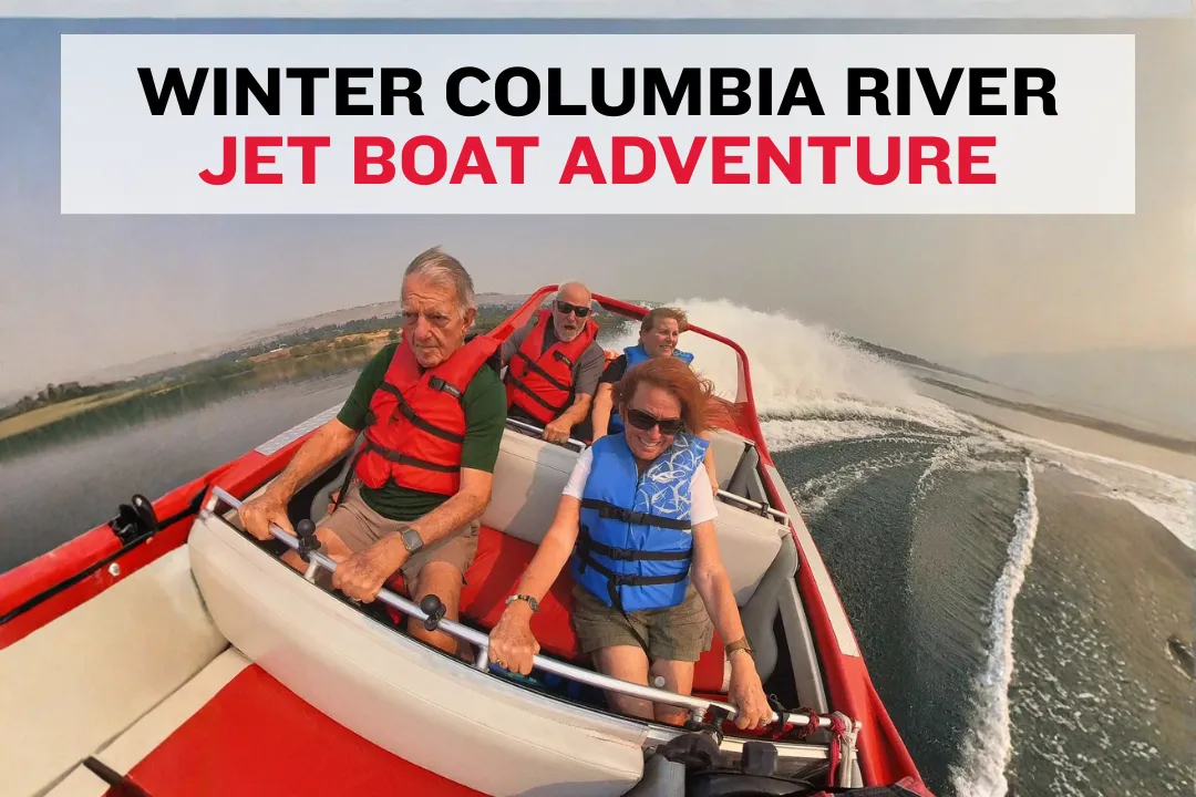 Passengers in winter gear on a jet boat cruising the Columbia River near Wenatchee.
