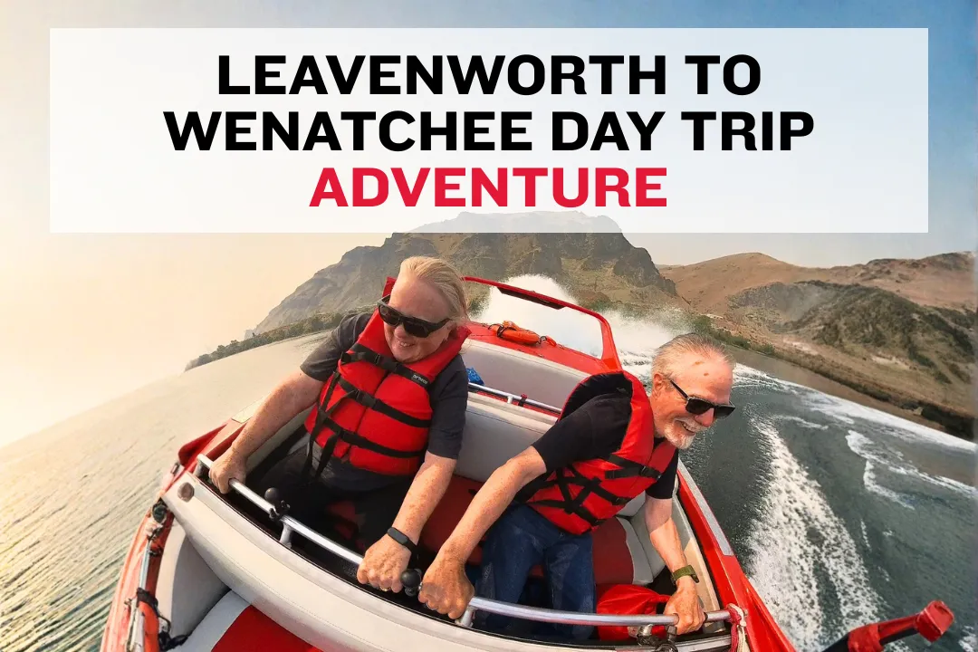 Scenic view of a small jet boat on the Columbia River with hills, linking Wenatchee and Leavenworth.