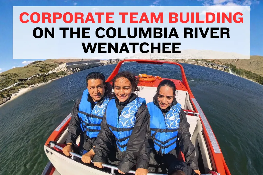 Columbia River valley panoramic view from a boat with Wenatchee bridges and mountains in the background