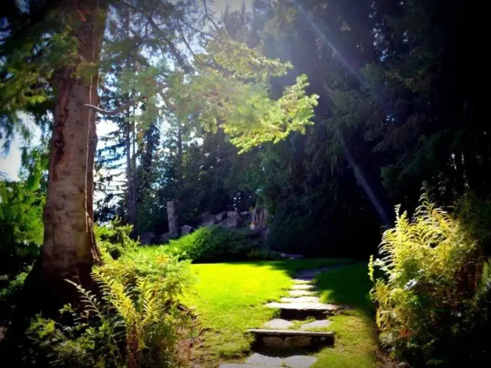 Stone path and greenery at Ohme Gardens in Wenatchee