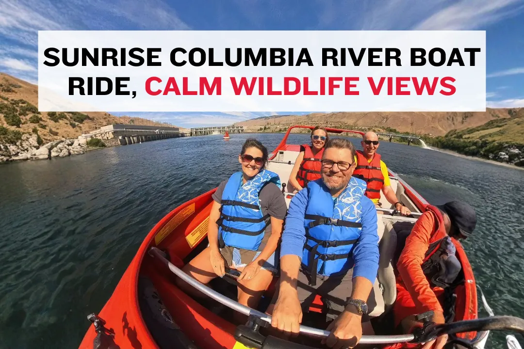 Sunrise boat ride on the Columbia River with calm water reflections and early wildlife activity