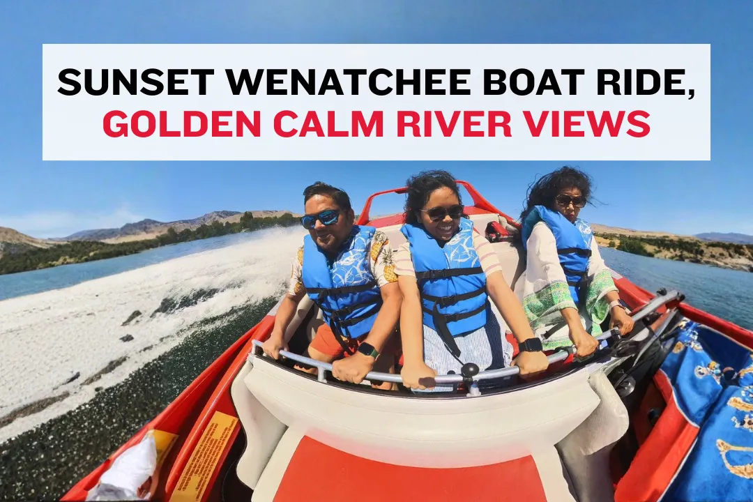 sunset boat ride Wenatchee with golden reflections and calm Columbia River views
