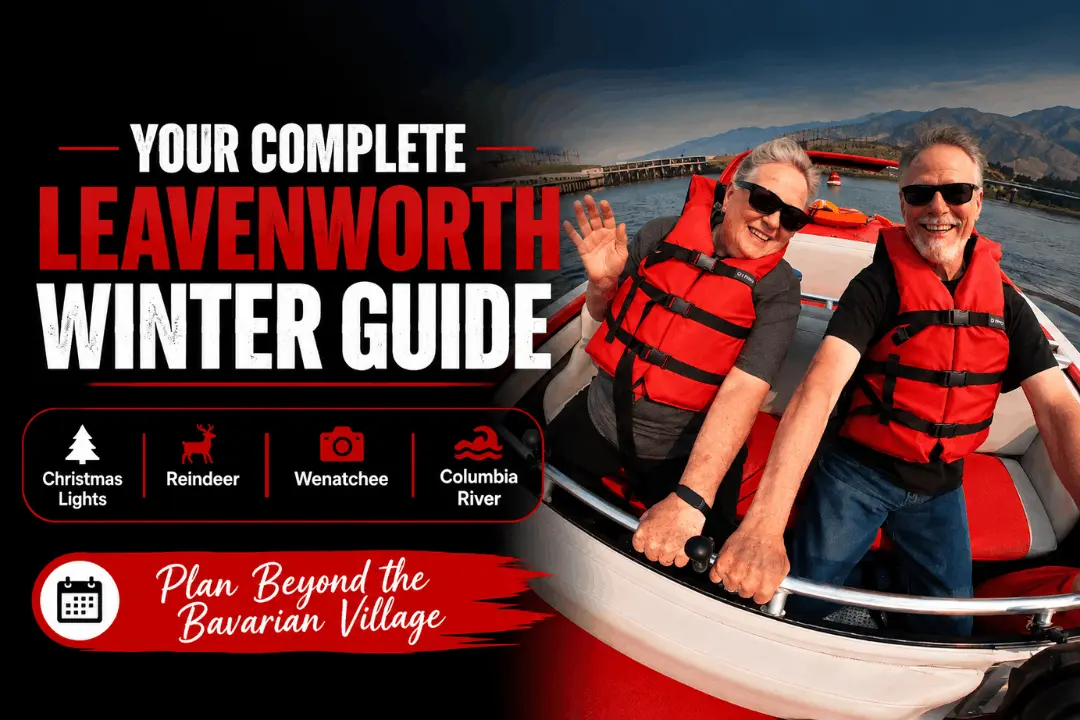 Things to do near Leavenworth in winter including Christmas lights Reindeer Farm Wenatchee and Columbia River cruise